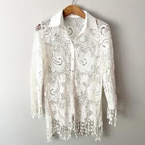 Simply Couture White Eyelet Lace Fringe Button Down Long SleeveTop Women's XL